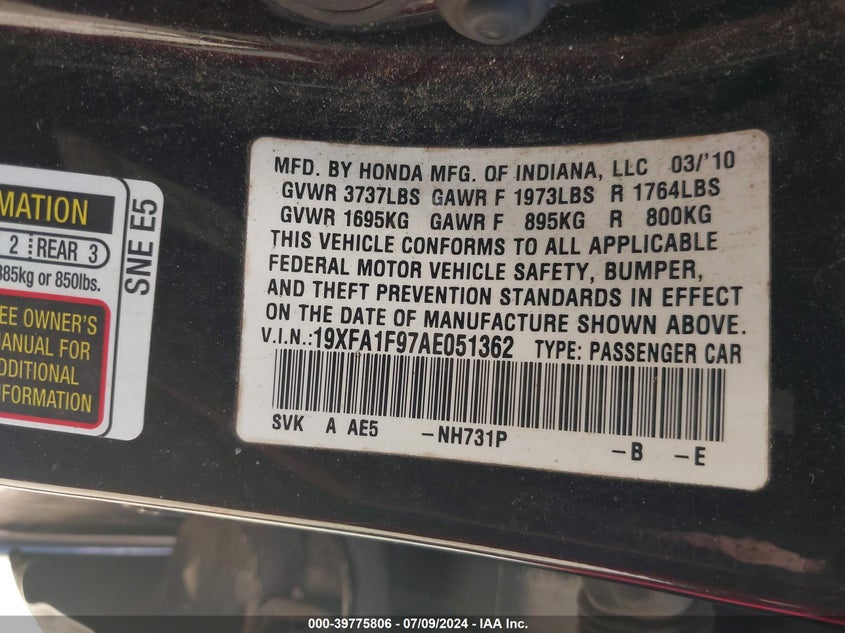 2010 Honda Civic Ex-L VIN: 19XFA1F97AE051362 Lot: 39775806