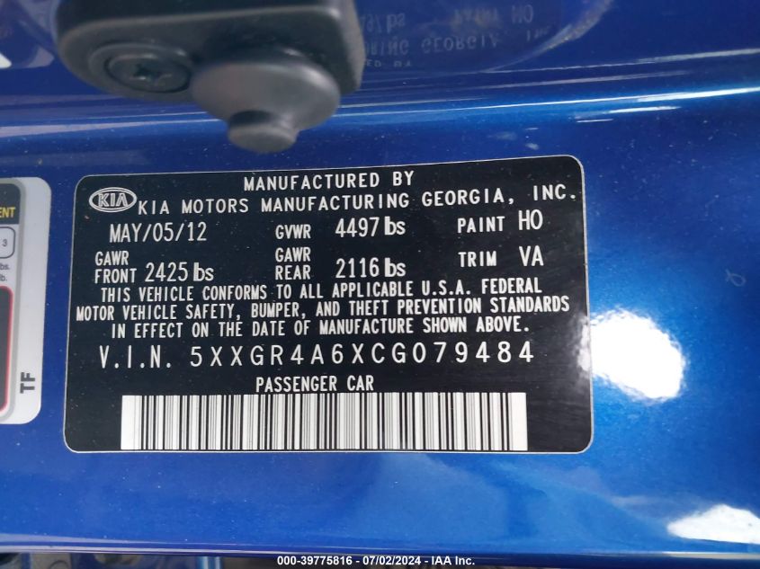 2012 Kia Optima Sx VIN: 5XXGR4A6XCG079484 Lot: 39775816
