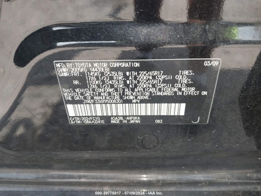 2009 Toyota Rav4 VIN: JTMZF33VX95008301 Lot: 39775817