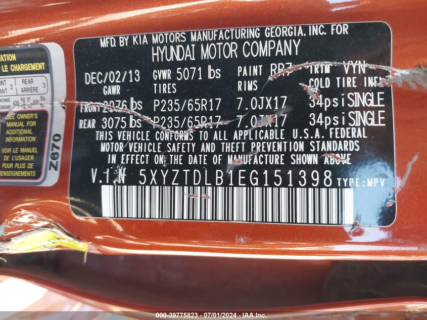 2014 Hyundai Santa Fe Sport 2.4L VIN: 5XYZTDLB1EG151398 Lot: 39775823