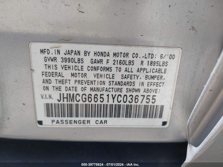2000 Honda Accord 2.3 Lx VIN: JHMCG6651YC036755 Lot: 39775824