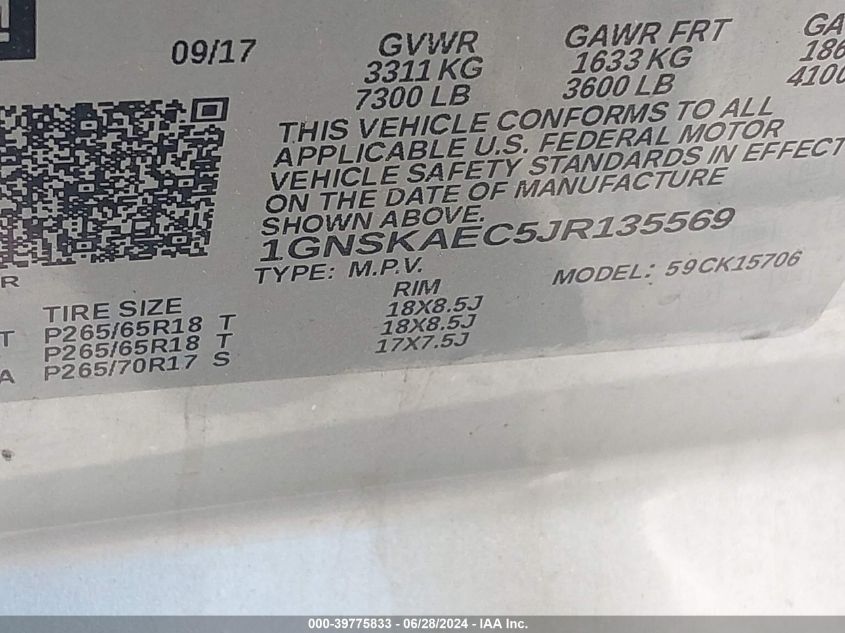 2018 Chevrolet Tahoe Ls VIN: 1GNSKAEC5JR135569 Lot: 39775833