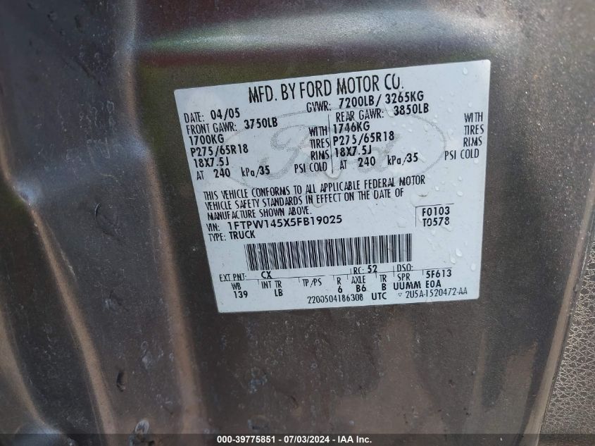 2005 Ford F-150 Fx4/Lariat/Xlt VIN: 1FTPW145X5FB19025 Lot: 39775851