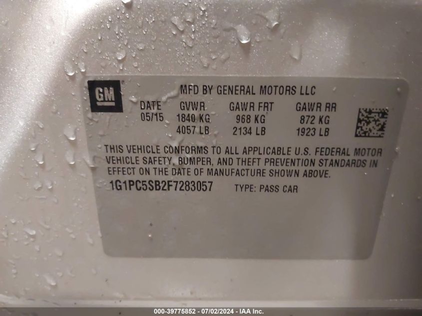 2015 Chevrolet Cruze Lt VIN: 1G1PC5SB2F7283057 Lot: 39775852
