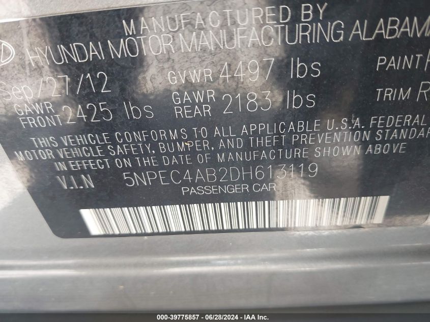 2013 Hyundai Sonata Se 2.0T VIN: 5NPEC4AB2DH613119 Lot: 39775857