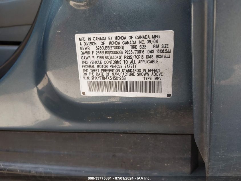 2005 Honda Pilot Ex VIN: 2HKYF184X5H501258 Lot: 39775861