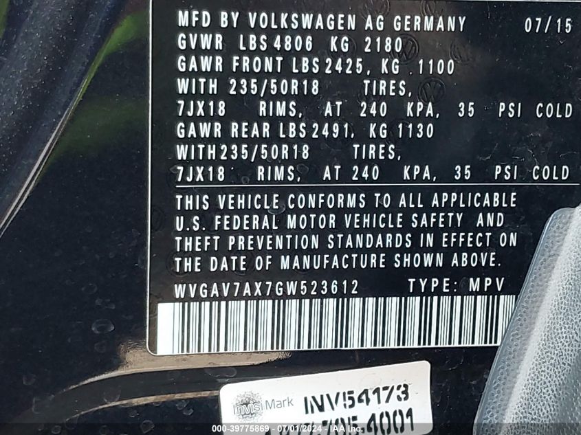 2016 VOLKSWAGEN TIGUAN SE - WVGAV7AX7GW523612