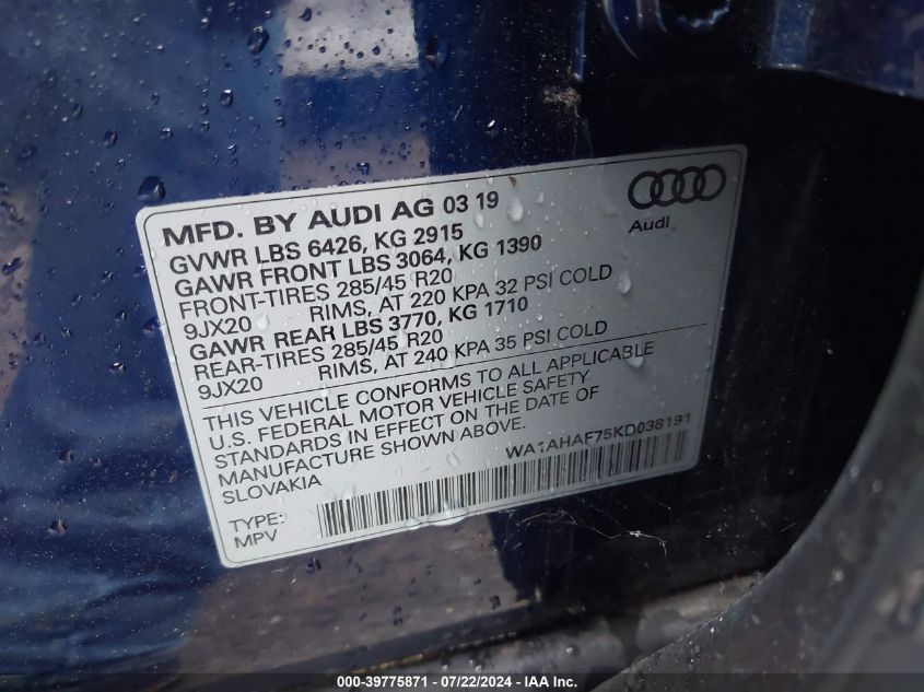2019 Audi Q7 45 Se Premium VIN: WA1AHAF75KD038191 Lot: 39775871