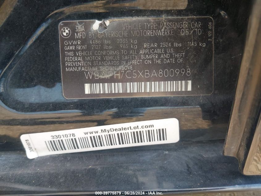 2011 BMW 328I VIN: WBAPH7C5XBA800998 Lot: 39775879