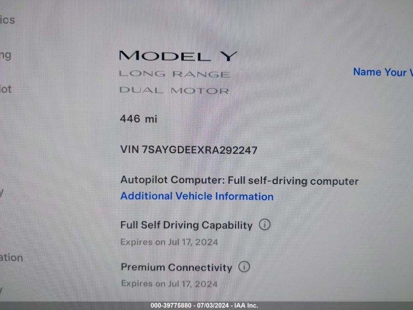 2024 Tesla Model Y Long Range Dual Motor All-Wheel Drive VIN: 7SAYGDEEXRA292247 Lot: 39775880