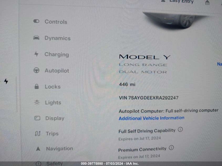 2024 Tesla Model Y Long Range Dual Motor All-Wheel Drive VIN: 7SAYGDEEXRA292247 Lot: 39775880