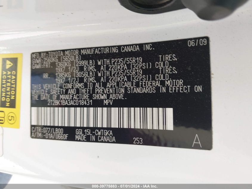 2010 Lexus Rx 350 VIN: 2T2BK1BA3AC018431 Lot: 39775883