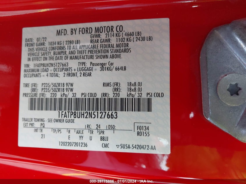 VIN 1FATP8UH2N5127663 2022 FORD MUSTANG ECOBOOST