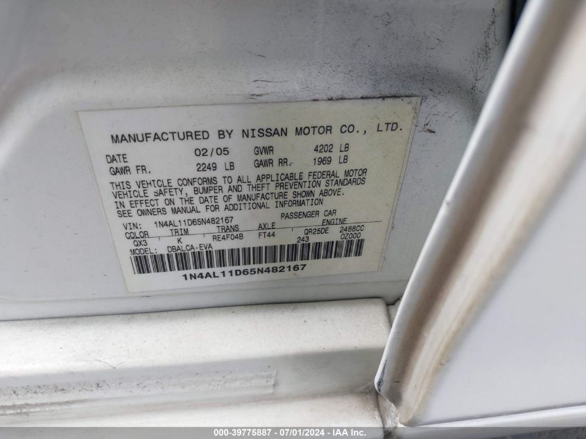2005 Nissan Altima 2.5 S VIN: 1N4AL11D65N482167 Lot: 39775887