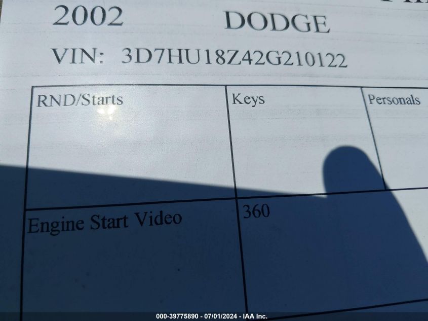 2002 Dodge Ram 1500 St VIN: 3D7HU18Z42G210122 Lot: 39775890