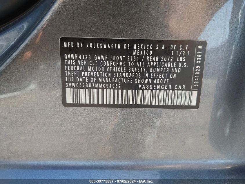2021 Volkswagen Jetta 1.4T R-Line/1.4T S/1.4T Se VIN: 3VWC57BU7MM094952 Lot: 39775897