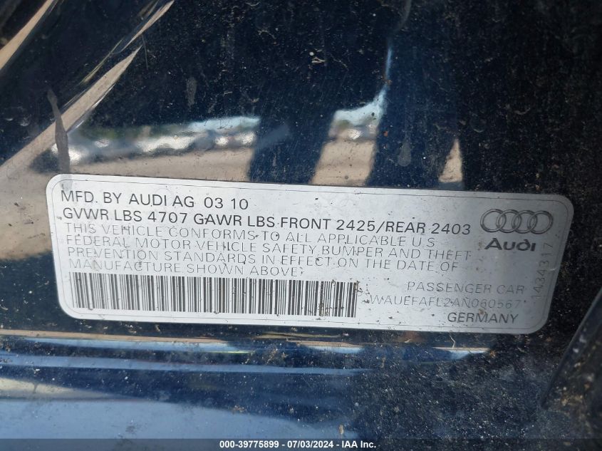 2010 Audi A4 2.0T Premium VIN: WAUEFAFL2AN060567 Lot: 39775899