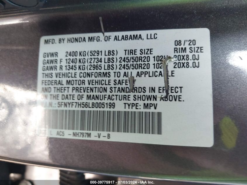 2020 Honda Passport 2Wd Ex-L VIN: 5FNYF7H56LB005199 Lot: 39775917