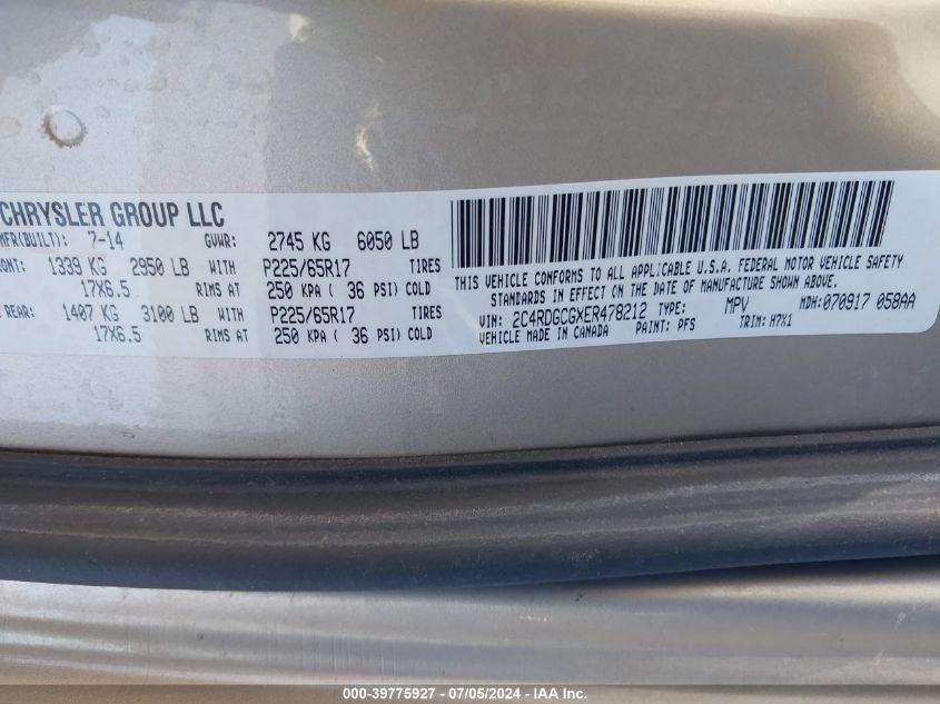 2014 Dodge Grand Caravan Sxt VIN: 2C4RDGCGXER478212 Lot: 39775927