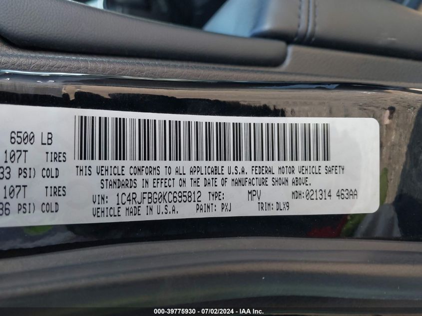 2019 Jeep Grand Cherokee Limited 4X4 VIN: 1C4RJFBG0KC695812 Lot: 39775930
