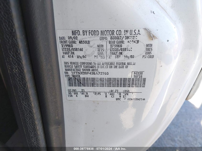 2003 Ford F-250 Lariat/Xl/Xlt VIN: 1FTNX20F43EA72103 Lot: 39775938