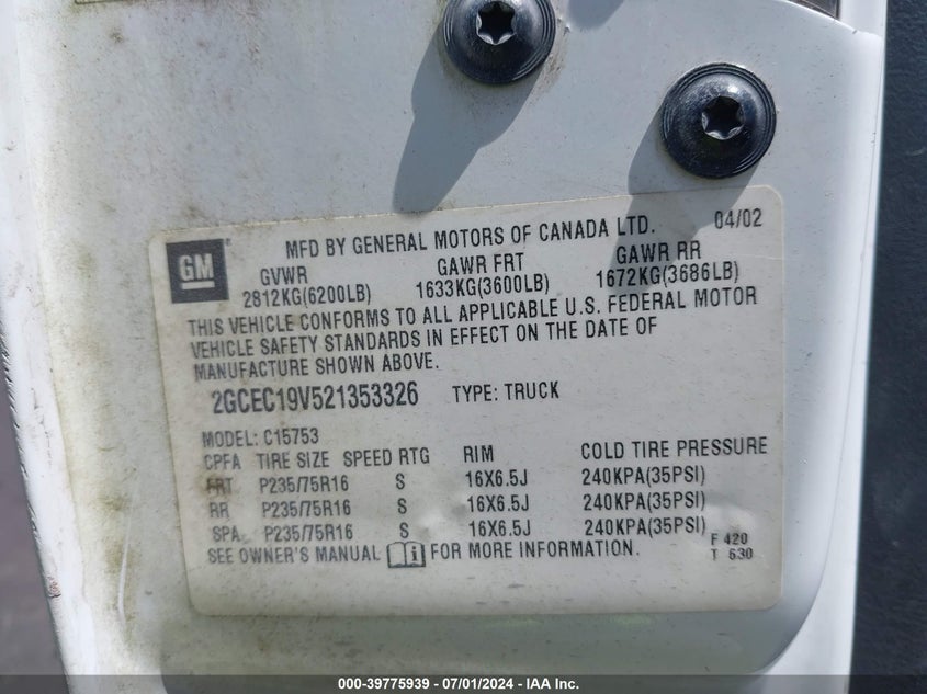 2002 Chevrolet Silverado 1500 VIN: 2GCEC19V521353326 Lot: 39775939