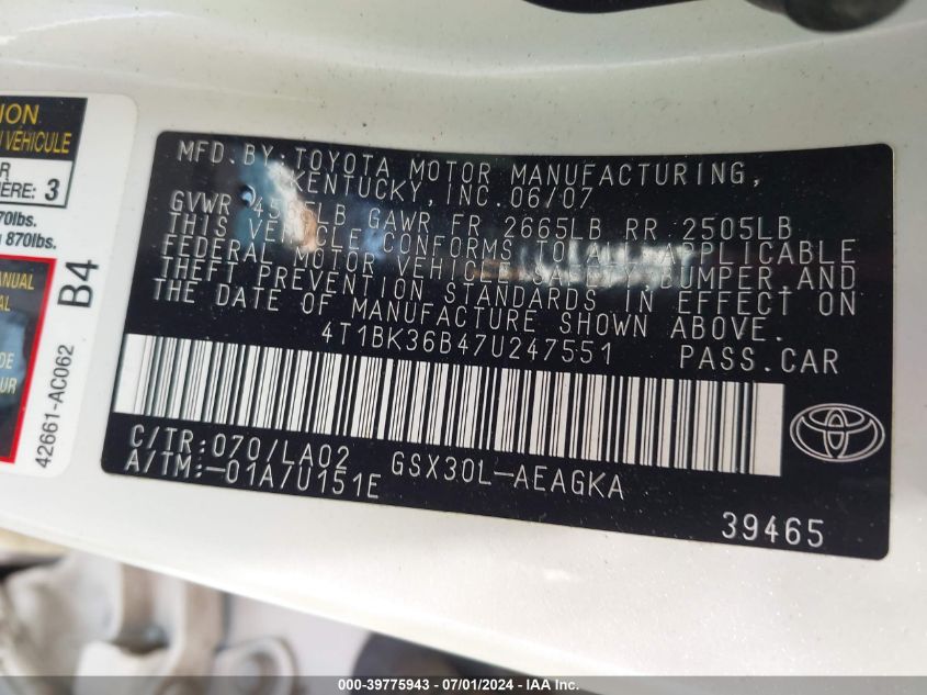 2007 Toyota Avalon Xls VIN: 4T1BK36B47U247551 Lot: 39775943