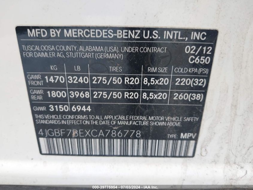 2012 Mercedes-Benz Gl 450 450 4Matic VIN: 4JGBF7BEXCA786778 Lot: 39775954