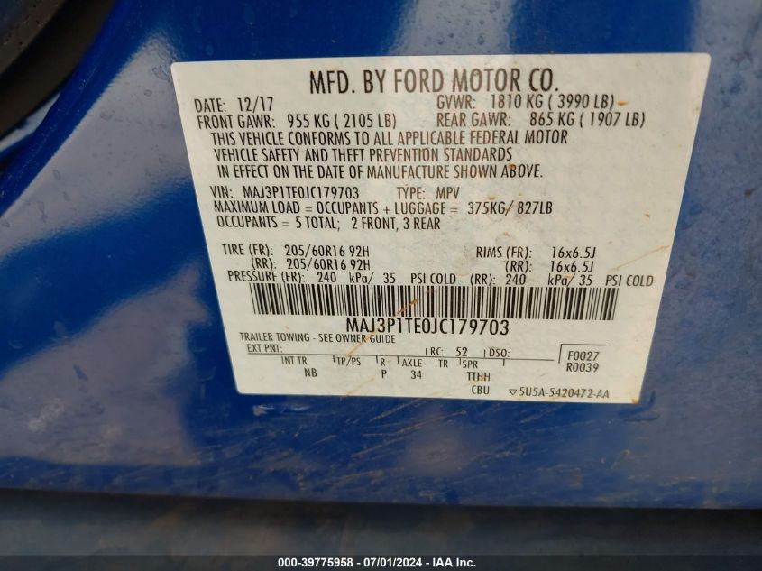 2018 Ford Ecosport Se VIN: MAJ3P1TE0JC179703 Lot: 39775958