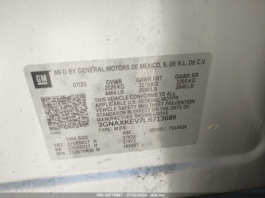 2020 Chevrolet Equinox Lt VIN: 3GNAXKEV7LS713689 Lot: 39775967