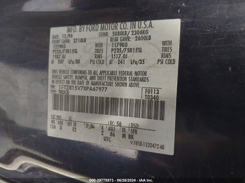 1999 Ford Ranger Xl/Xlt VIN: 1FTZR15V7XPA67977 Lot: 39775973