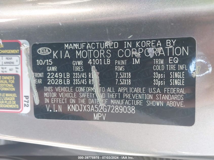 2016 Kia Soul ! VIN: KNDJX3A52G7289038 Lot: 39775975