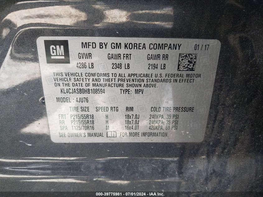 2017 Buick Encore Preferred VIN: KL4CJASB0HB108594 Lot: 39775981