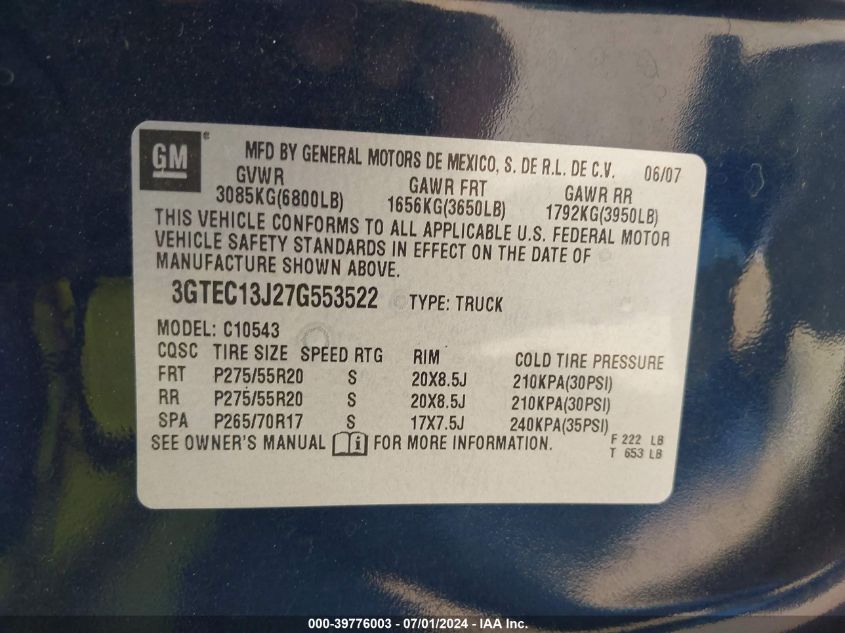2007 GMC Sierra 1500 Sle2 VIN: 3GTEC13J27G553522 Lot: 39776003