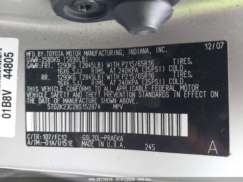 2008 Toyota Sienna Le VIN: 5TDZK23C28S152874 Lot: 39776016