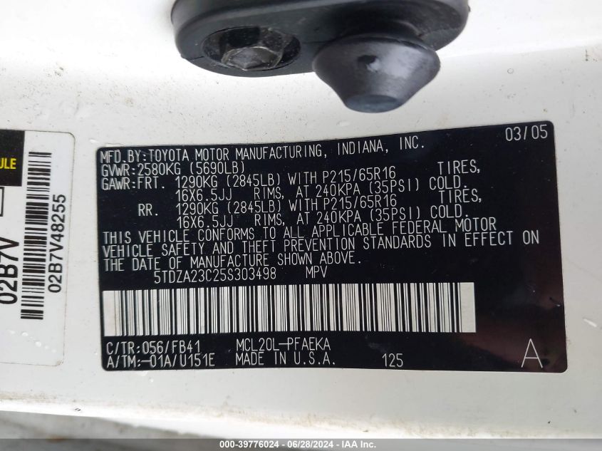 2005 Toyota Sienna Le VIN: 5TDZA23C25S303498 Lot: 39776024