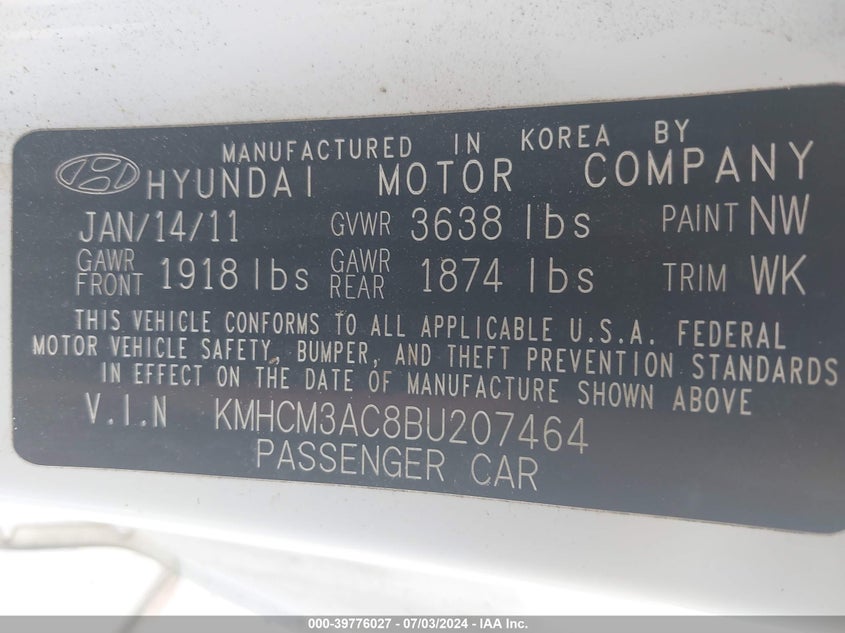 2011 Hyundai Accent Gs VIN: KMHCM3AC8BU207464 Lot: 39776027