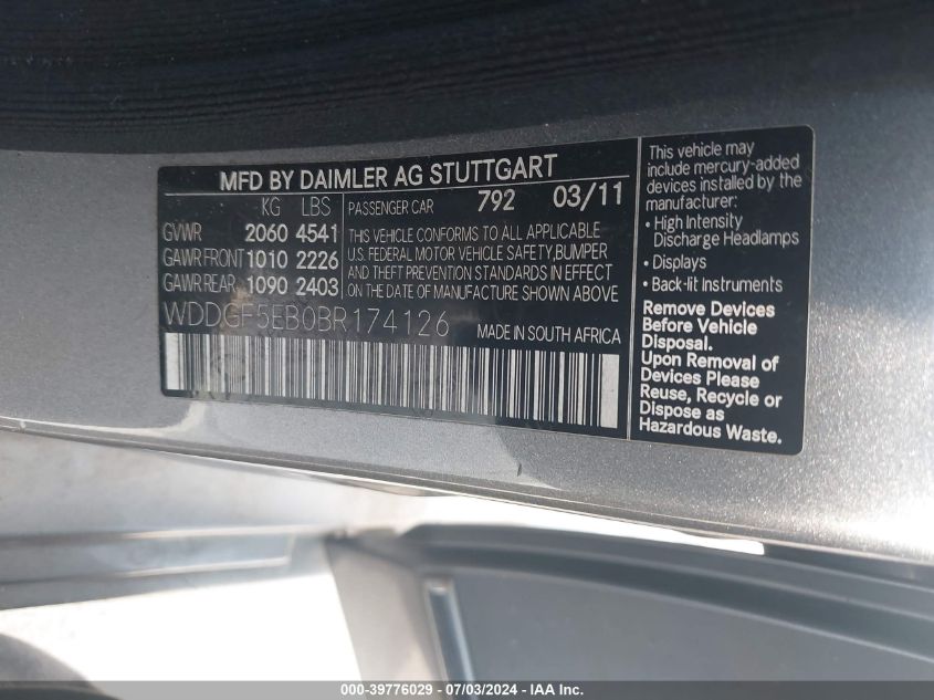 2011 Mercedes-Benz C 300 Luxury/Sport VIN: WDDGF5EB0BR174126 Lot: 39776029