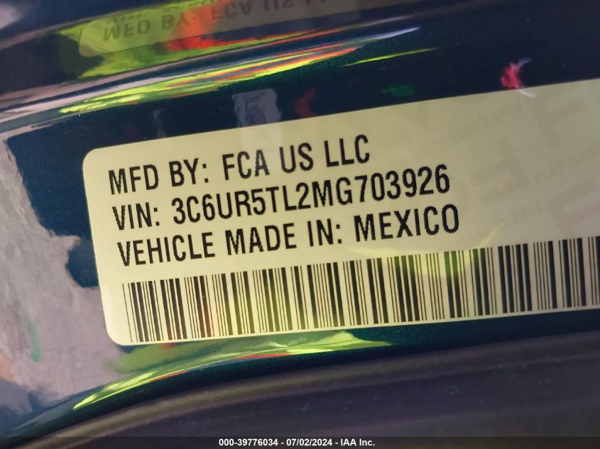 2021 Ram 2500 Limited Mega Cab 4X4 6'4 Box VIN: 3C6UR5TL2MG703926 Lot: 39776034