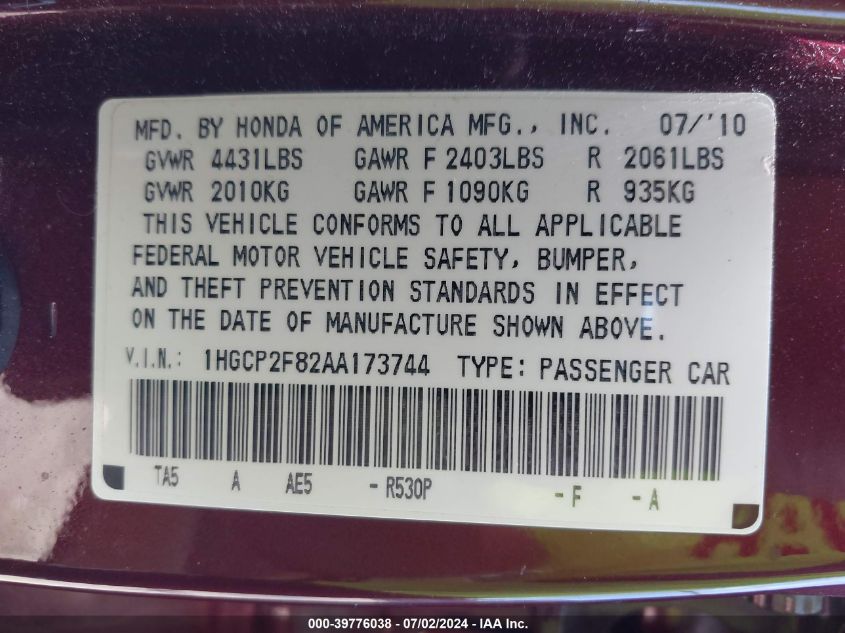 2010 Honda Accord 2.4 Ex-L VIN: 1HGCP2F82AA173744 Lot: 39776038