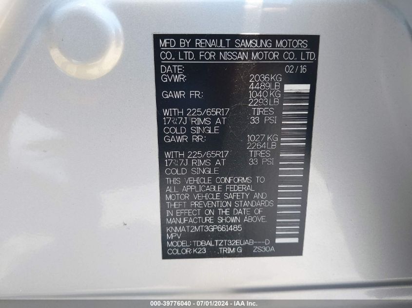 2016 Nissan Rogue Sv VIN: KNMAT2MT3GP661485 Lot: 39776040