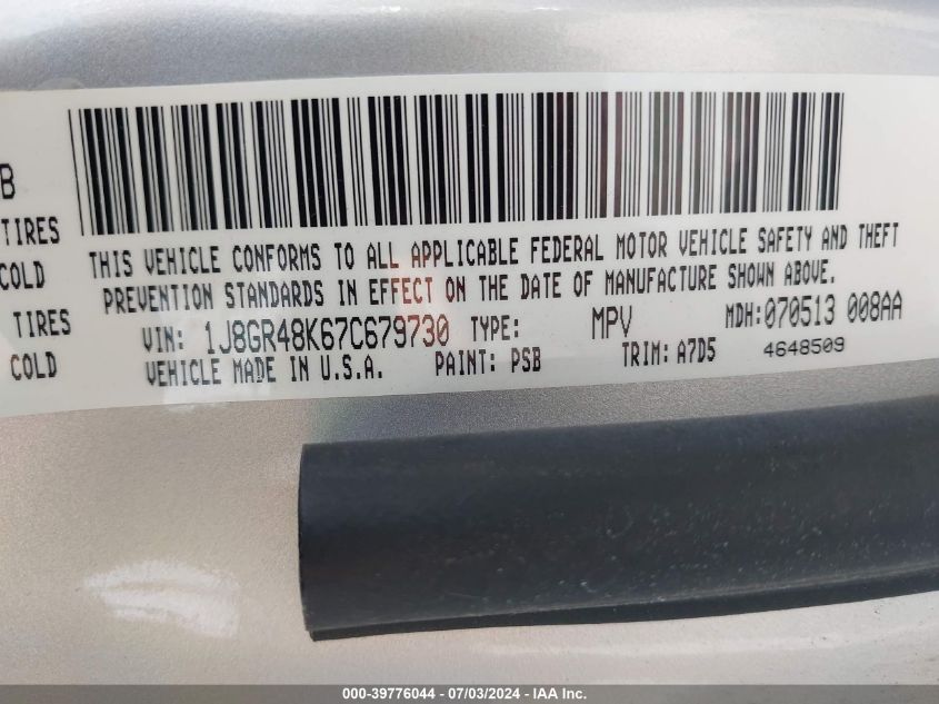2007 Jeep Grand Cherokee Laredo VIN: 1J8GR48K67C679730 Lot: 39776044