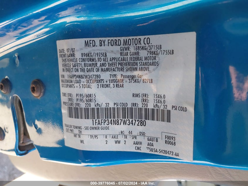 2007 Ford Focus S/Se/Ses VIN: 1FAFP34N87W347280 Lot: 39776045