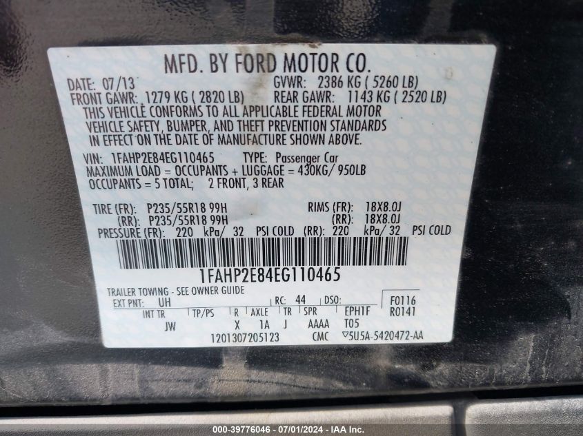 1FAHP2E84EG110465 2014 Ford Taurus Sel