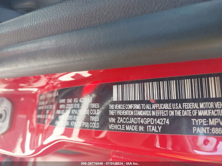 2016 Jeep Renegade Limited VIN: ZACCJADT4GPD14274 Lot: 39776049