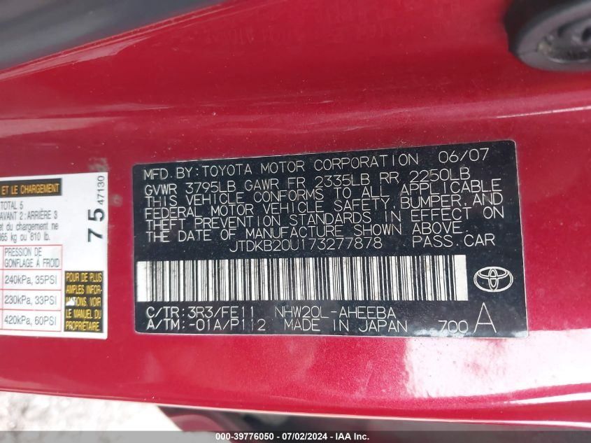 2007 Toyota Prius VIN: JTDKB20U173277878 Lot: 39776050