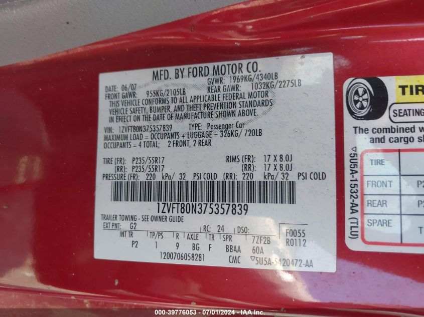 2007 Ford Mustang V6 Deluxe/V6 Premium VIN: 1ZVFT80N375357839 Lot: 39776053