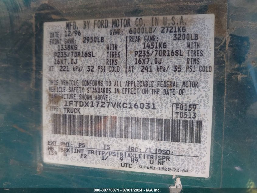 1997 Ford F-150 Standard/Xl/Xlt VIN: 1FTDX1727VKC16031 Lot: 39776071