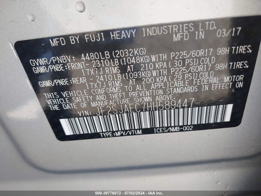 VIN JF2SJAEC7HH589447 2017 SUBARU FORESTER PREMIUM