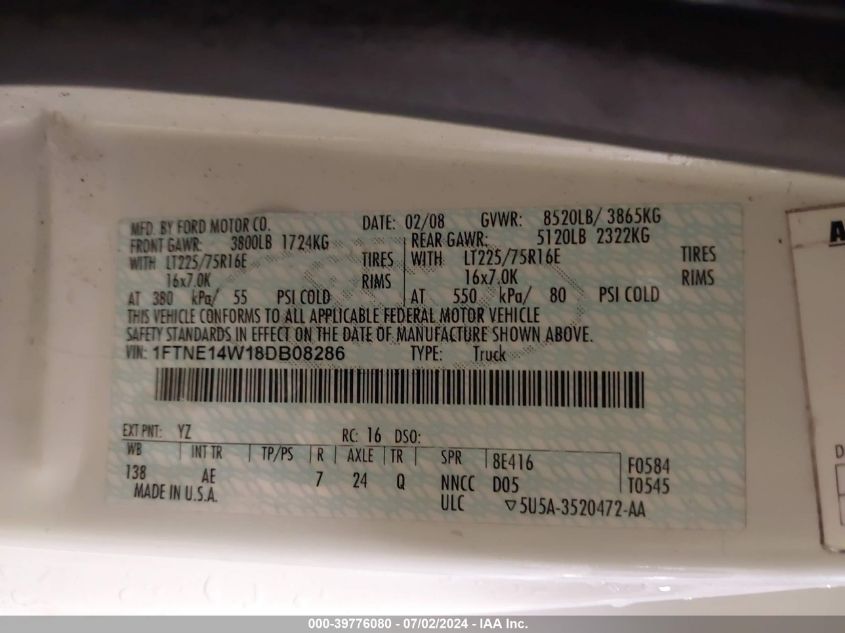 2008 Ford E-150 Commercial/Recreational VIN: 1FTNE14W18DB08286 Lot: 39776080